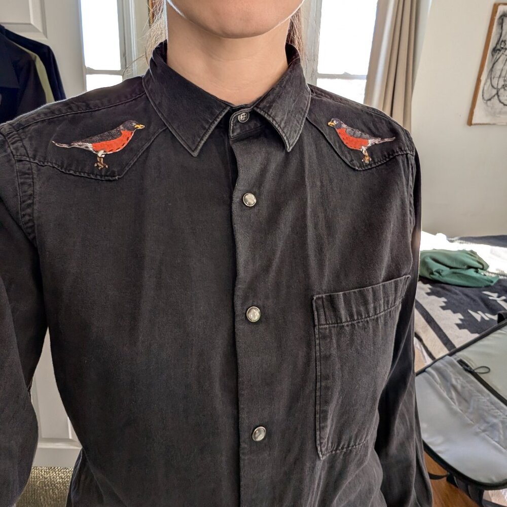 Upcycled bird western pearl snap shirt